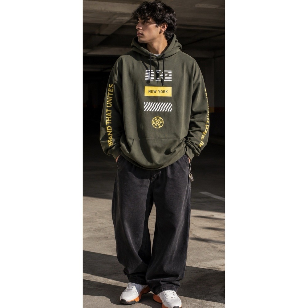 Express Heavyweight Jersey Oversized Exp Graphic Hoodie in olive green Sz M